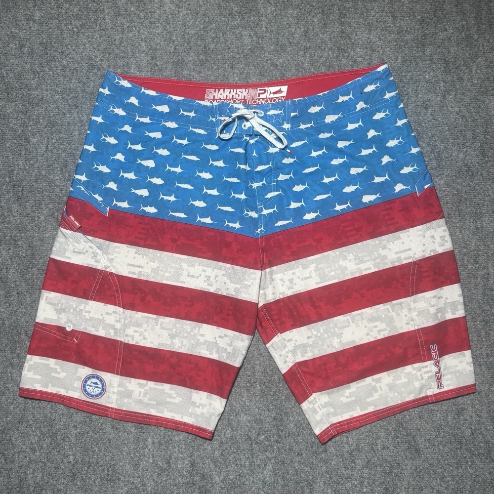 Pelagic Sharkskin Board Shorts USA Flag Fish All-Over Print Men 40 Surf Beach